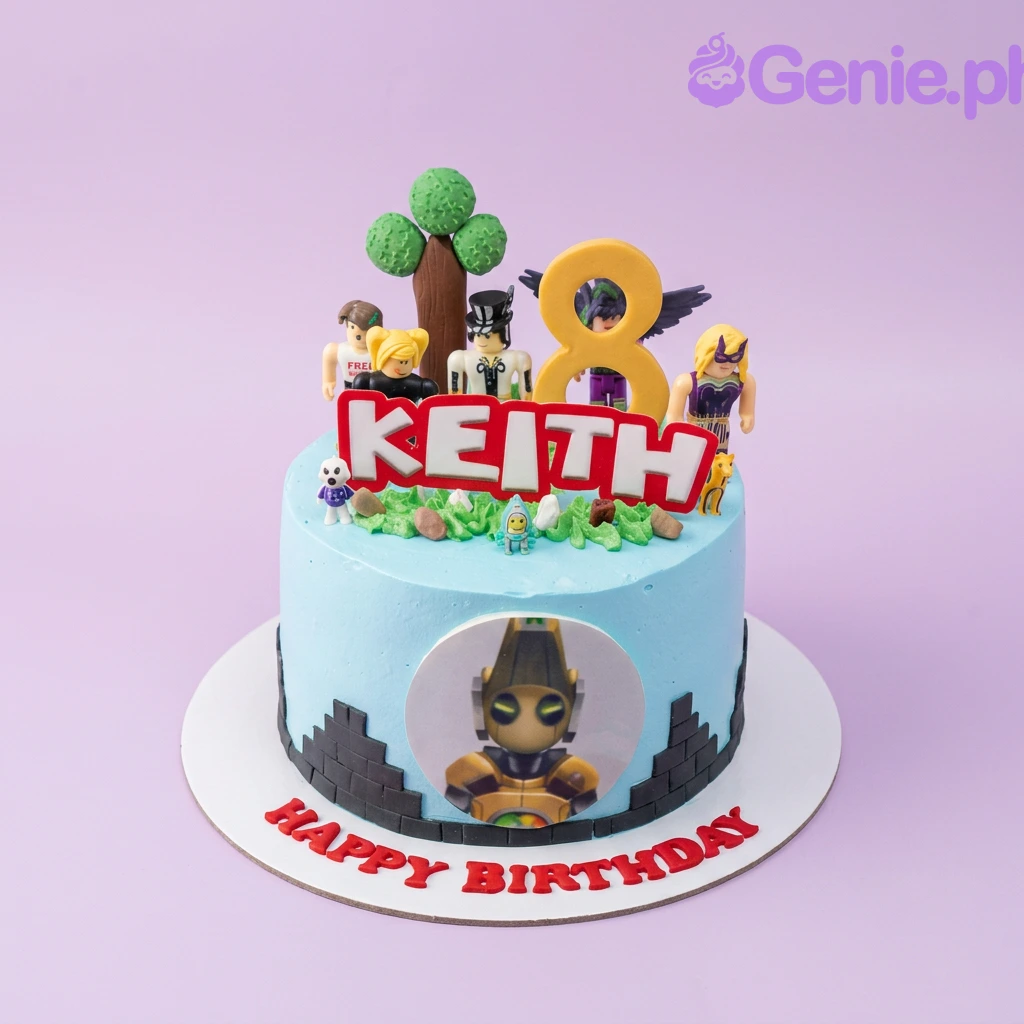 Roblox-Inspired Sky Blue Birthday Cake A light blue 1 Tier cake themed around Roblox, featuring a yellow number 8, Roblox character figures, and a 'KEITH' topper.