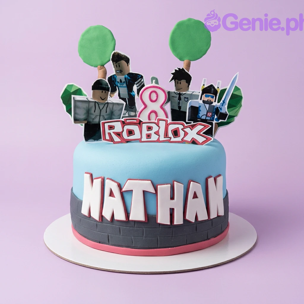 Roblox-Inspired Sky Blue Birthday Cake A blue 1-tier fondant cake themed around Roblox, featuring character printouts and a red number 8 candle.