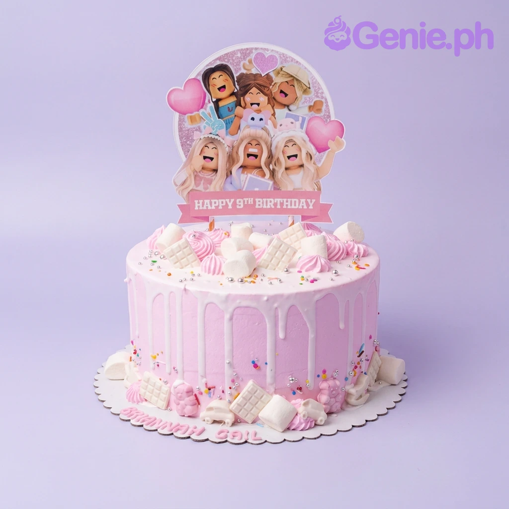 Roblox-Inspired White Birthday Cake A pink and white 1 Tier cake themed around Roblox, featuring a character printout, white chocolate bars, marshmallows, and sprinkles.