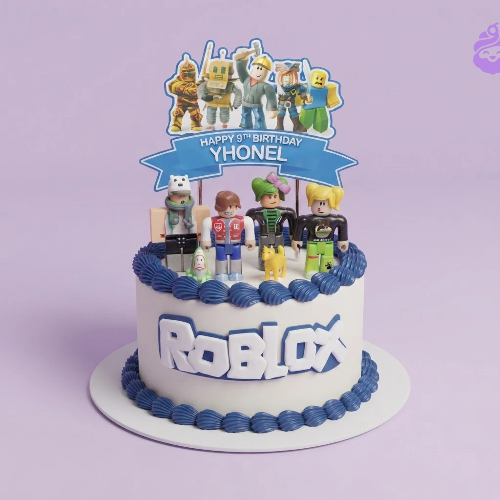 Roblox-Inspired White Birthday Cake A white and blue 1 Tier cake themed around Roblox, featuring a character banner, figures, 3D logo, and blue icing borders.