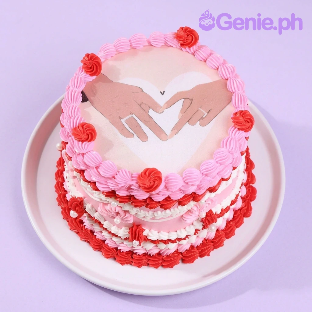 Romantic Vintage Light Pink Anniversary Cake A pink and red 1-tier cake themed Romantic Vintage, featuring a heart-shaped printout of hands and piped icing ruffles.