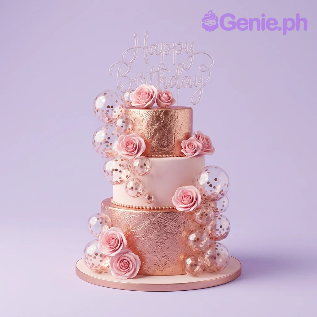 Rose Gold Birthday White Floral Cake Rose gold birthday party decoration set featuring a Happy Birthday balloon banner, rose gold and confetti balloons, and a fringe curtain.
