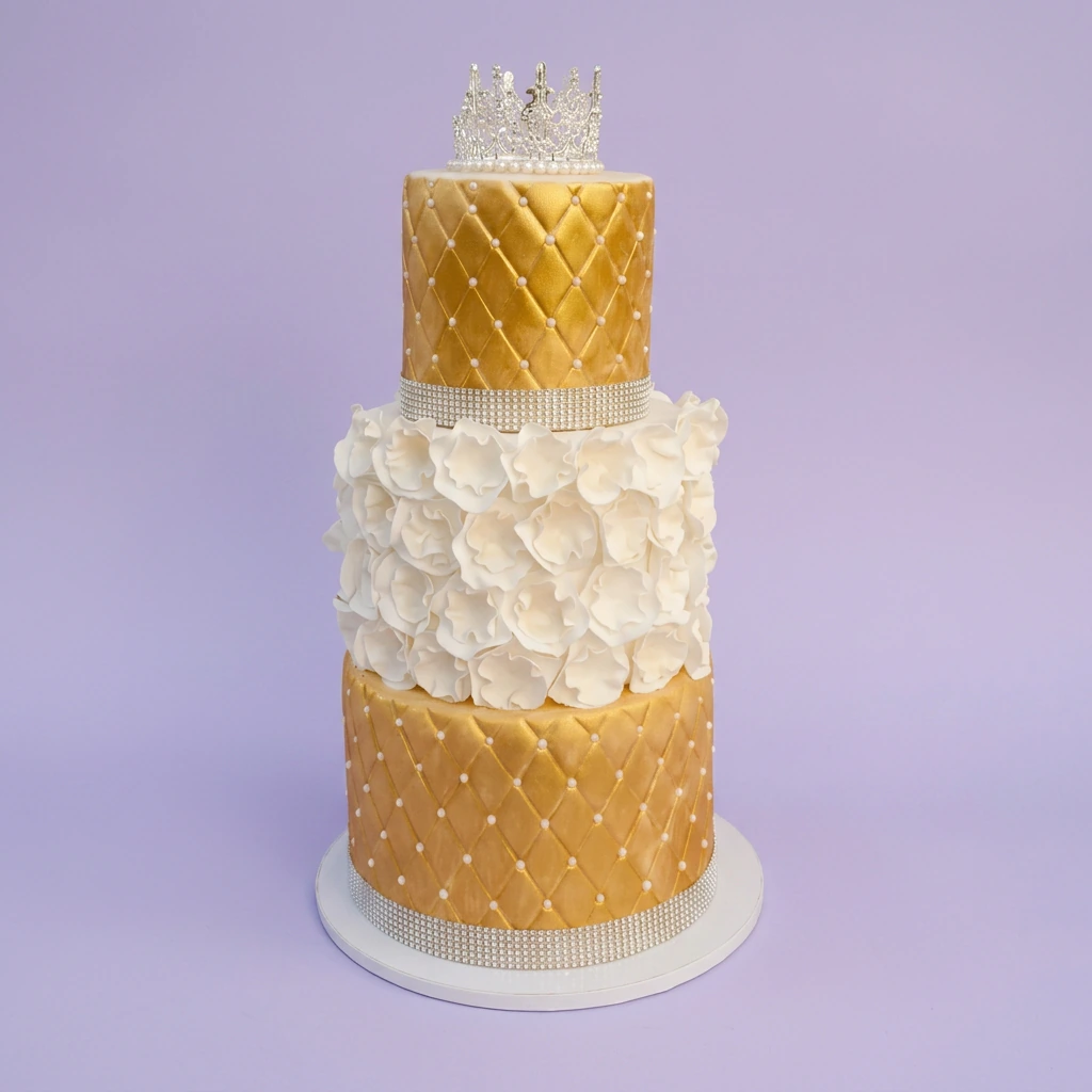 Elegant three-tier gold and white quilted fondant cake with a silver rhinestone crown topper and white gumpaste flower petals.