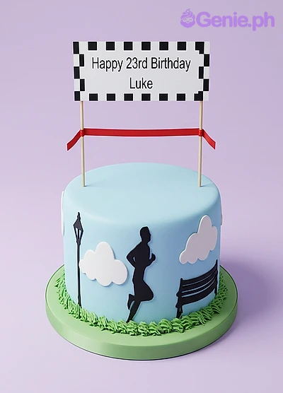 Running Birthday Sky Blue Silhouette Cake Light blue 1-tier cake with a checkered flag banner, black runner silhouette, and piped green grass border