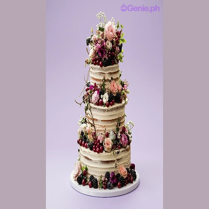 Rustic Floral White 3-Tier Cake A three-tier naked cake with fresh roses, baby's breath, blackberries, and red berries