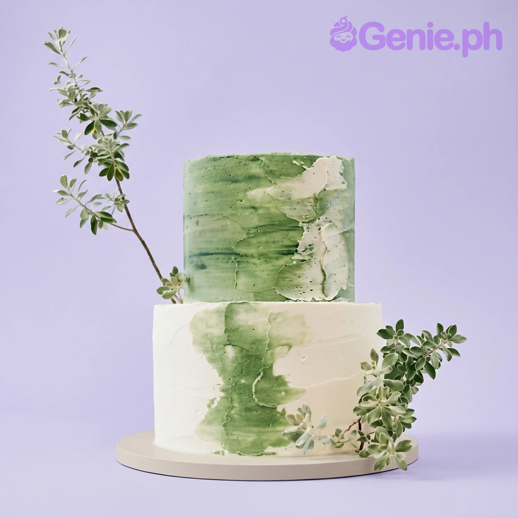 Sage Green 2-Tier Cake A white and sage green two-tier cake themed around natural elegance, featuring fresh leafy branches and textured icing.