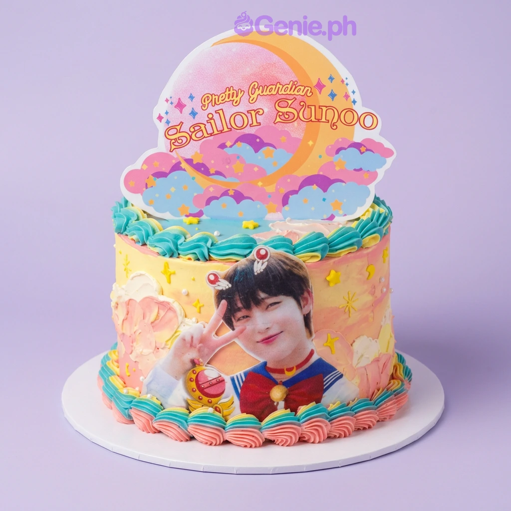 Sailor Moon-Inspired Birthday Cake Multicolor 1-tier cake with Sailor Moon themed printout topper and character printout on the side