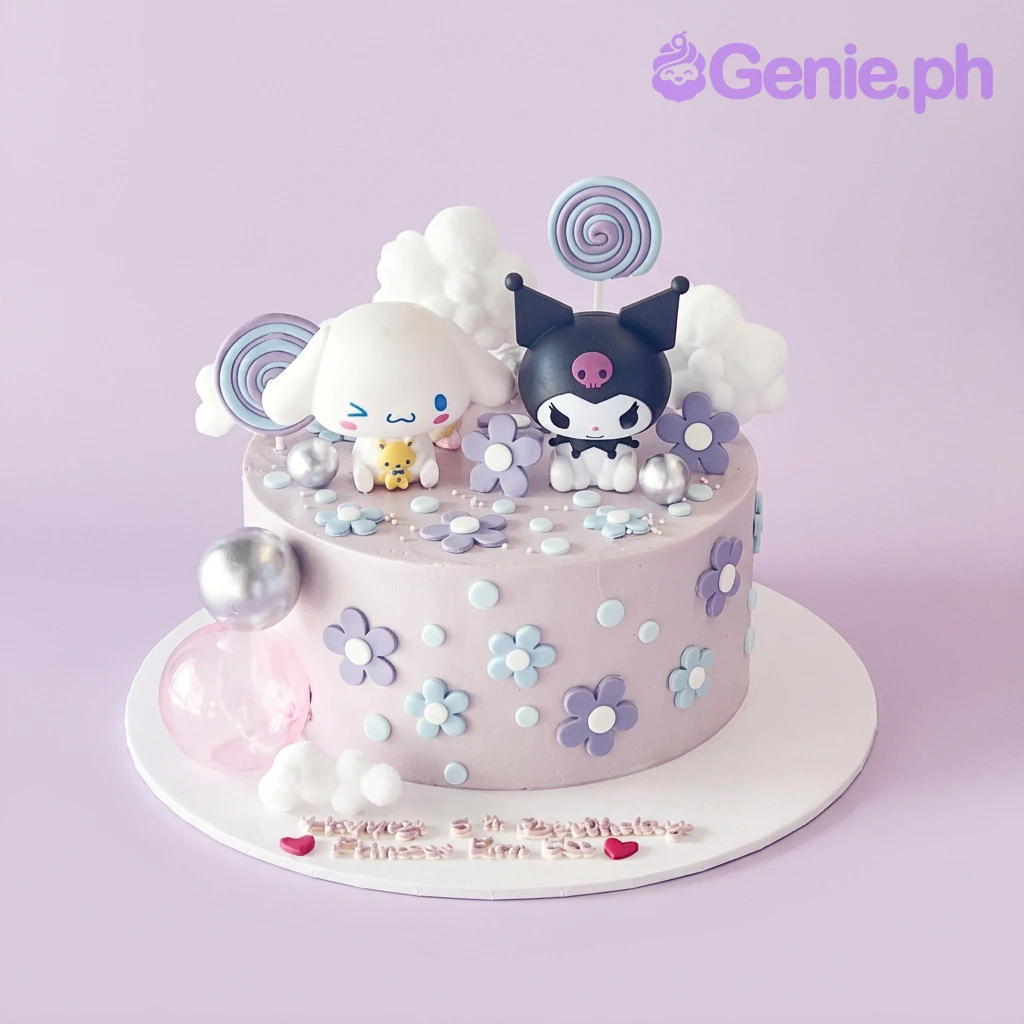 Sanrio-Inspired Birthday Lavender Cake Lavender 1-tier birthday cake with Cinnamoroll and Kuromi toy figures and lollipop toppers