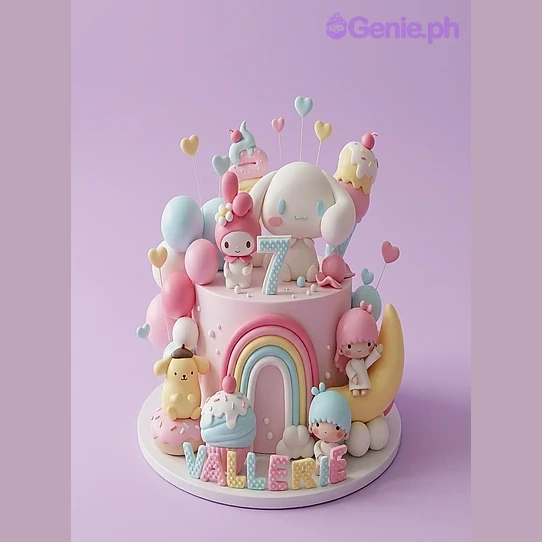 Sanrio-Inspired Birthday Pink Cake Pink 1-tier fondant cake with Sanrio character figures including Cinnamoroll and My Melody with a rainbow and moon topper