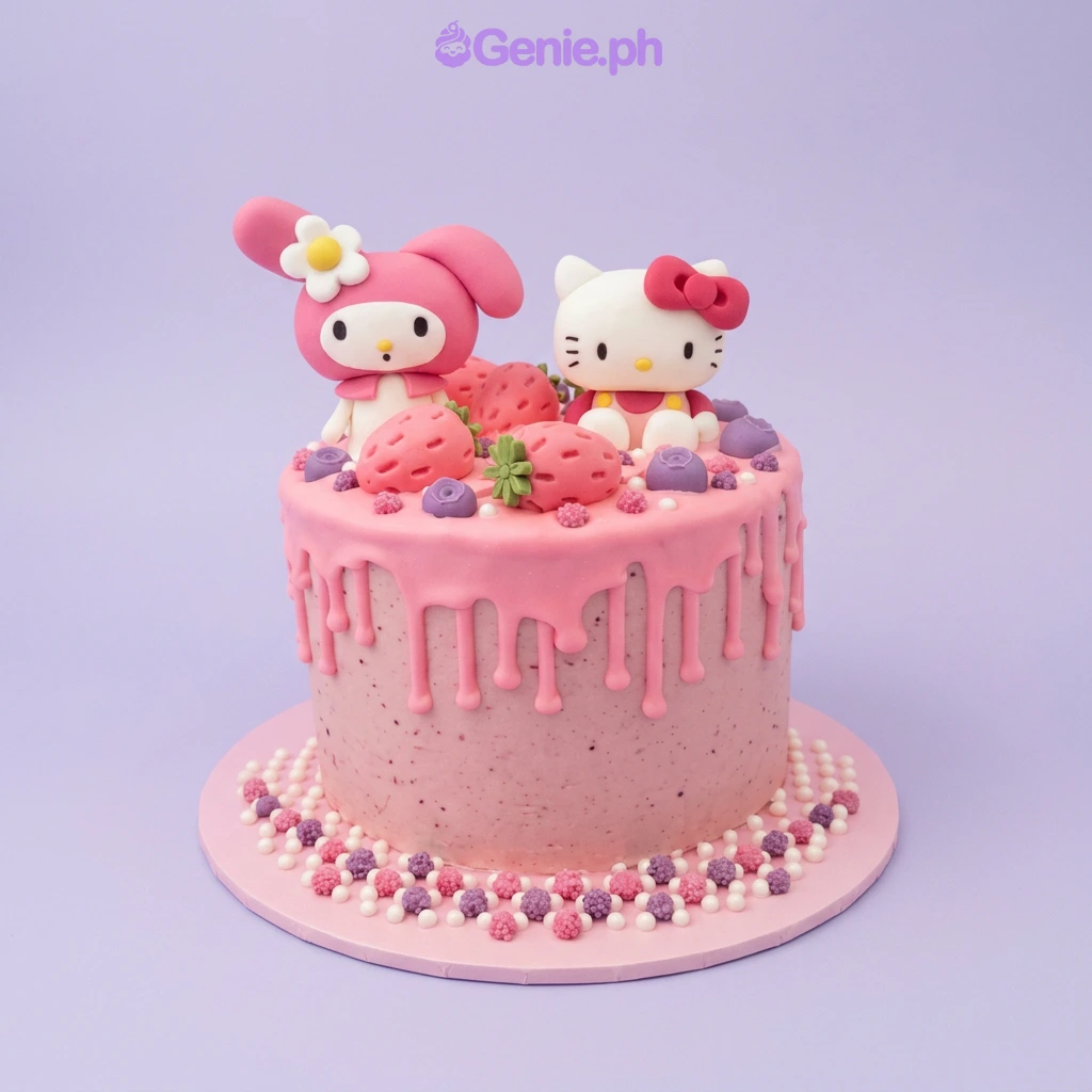 Sanrio-Inspired Pink Birthday Cake Pink 1-tier cake with My Melody and Hello Kitty fondant toppers and strawberry decorations