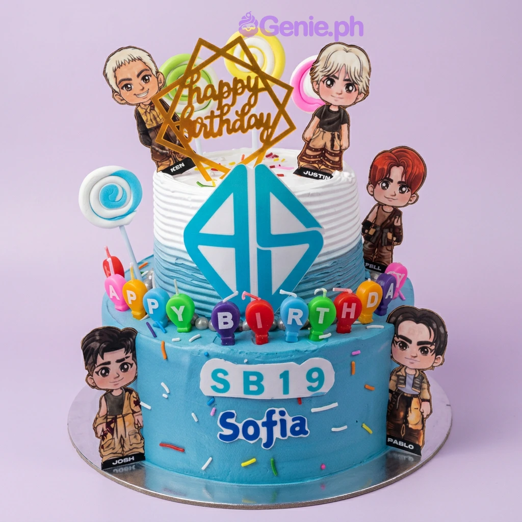 Two tier white SB19 birthday cake with character cutouts, geometric topper, logo, letter candles, swirl lollipops, sprinkles, and pearl accents