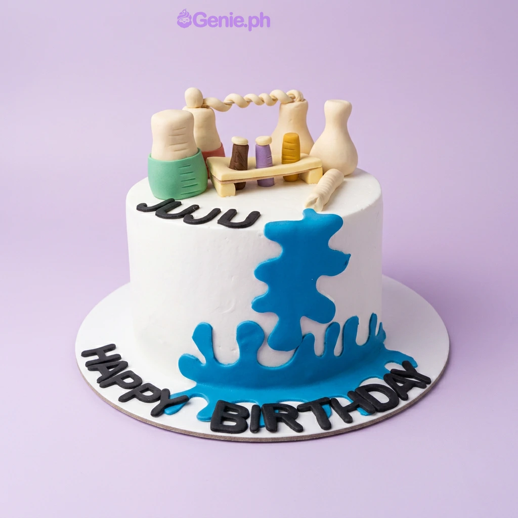 Science Lab White Birthday Cake A white 1 Tier cake themed around Science Lab, featuring fondant lab equipment like beakers and test tubes, with blue liquid splashes.