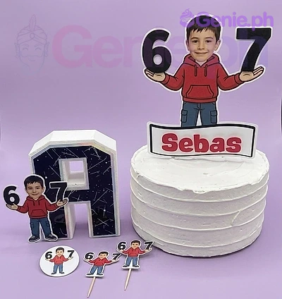 Sebas Boy White Birthday Cake A white 1 Tier cake themed around Sebas Boy, featuring boy figure, Sebas banner, cutouts, and 3D A.