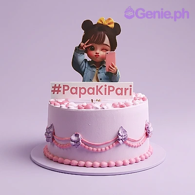 Selfie Girl Pink Birthday Cake Pink single-tier cake with a printed girl taking a selfie topper and piped icing decorations
