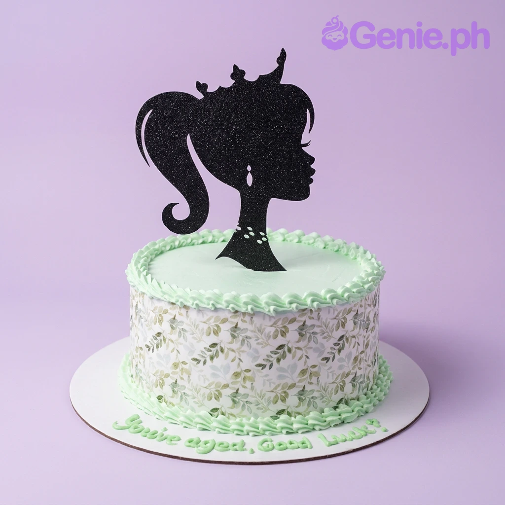 Silhouette Mint Crown Cake A light green 1-tier cake themed around Silhouette, featuring a black girl silhouette with crown topper and a green leaf pattern side wrap.