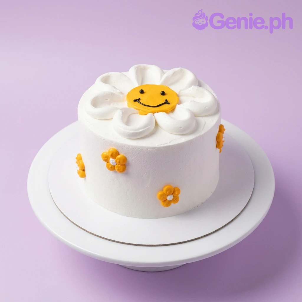 Smiley Daisy White Floral Cake A white, yellow, and orange 1 Tier cake themed around Smiley Daisy, featuring a large yellow smiley face daisy and small orange icing flowers.