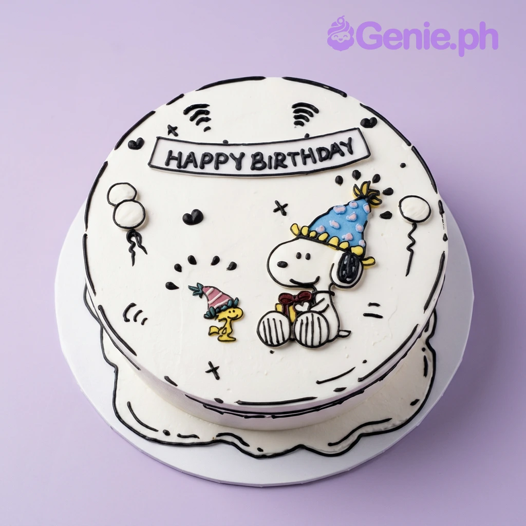 Snoopy Birthday White Cake White 1-tier cake with Snoopy and Woodstock doodle design edible photo topper, piped doodle balloons and lines, and a piped birthday message