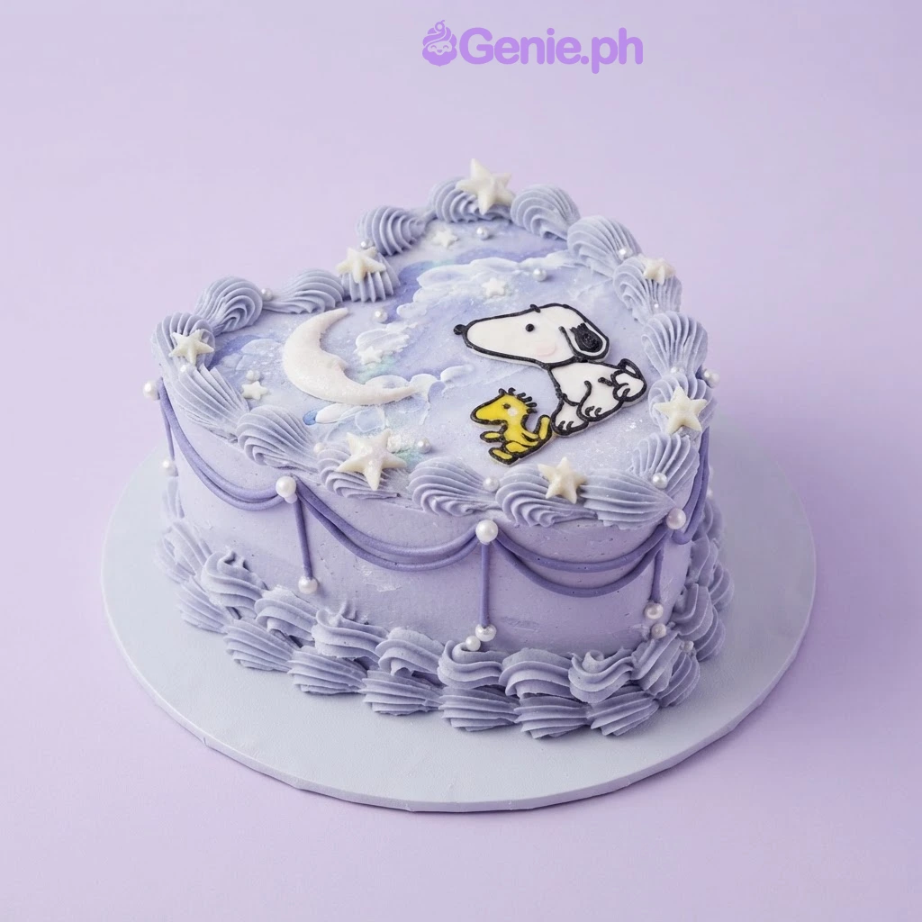 Snoopy Sky Blue Heart Bento Cake Light blue heart-shaped bento cake with Snoopy and Woodstock printout and fondant moon topper
