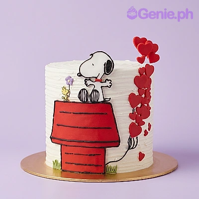 Snoopy White Heart Birthday Cake White 1-tier cake with a Snoopy and doghouse printout and red heart accents