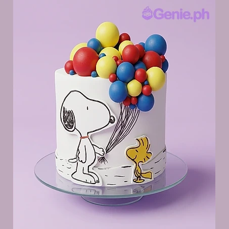 Snoopy White Birthday Cake White fondant cake with Snoopy and Woodstock character printouts and a cluster of colorful fondant balloons on top