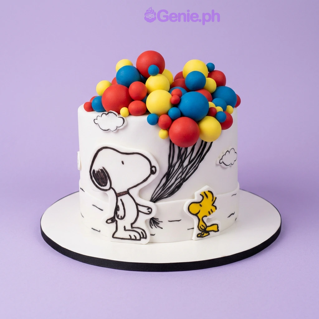 Snoopy White Cake Snoopy and Woodstock character cutouts with fondant balloons and clouds on a white 1-tier fondant cake