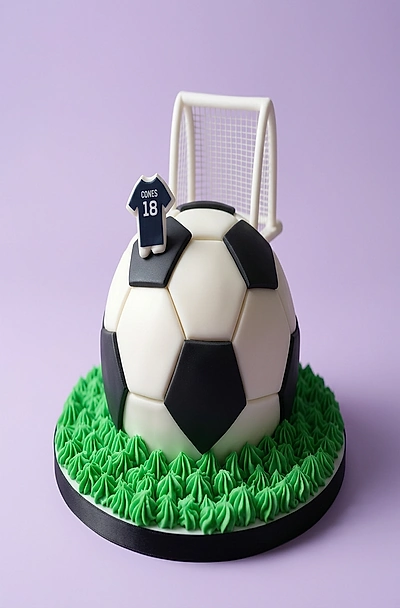 A 3D soccer ball cake with a white goal post and a blue jersey topper on a green grass-textured base.