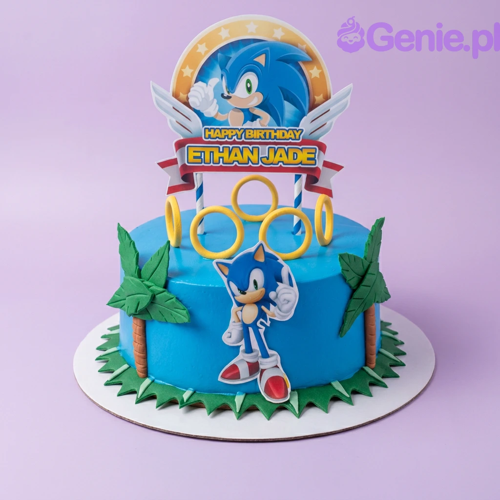 Sonic-Inspired The Hedgehog Birthday Cake A blue 1 Tier cake themed around Sonic The Hedgehog, featuring Sonic character printouts, gold rings, and palm trees.