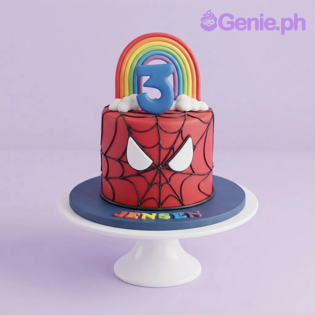 Spider Man Rainbow Red Cake Red 1-tier fondant cake with smooth red icing, a rainbow with clouds topper, and white spider eyes