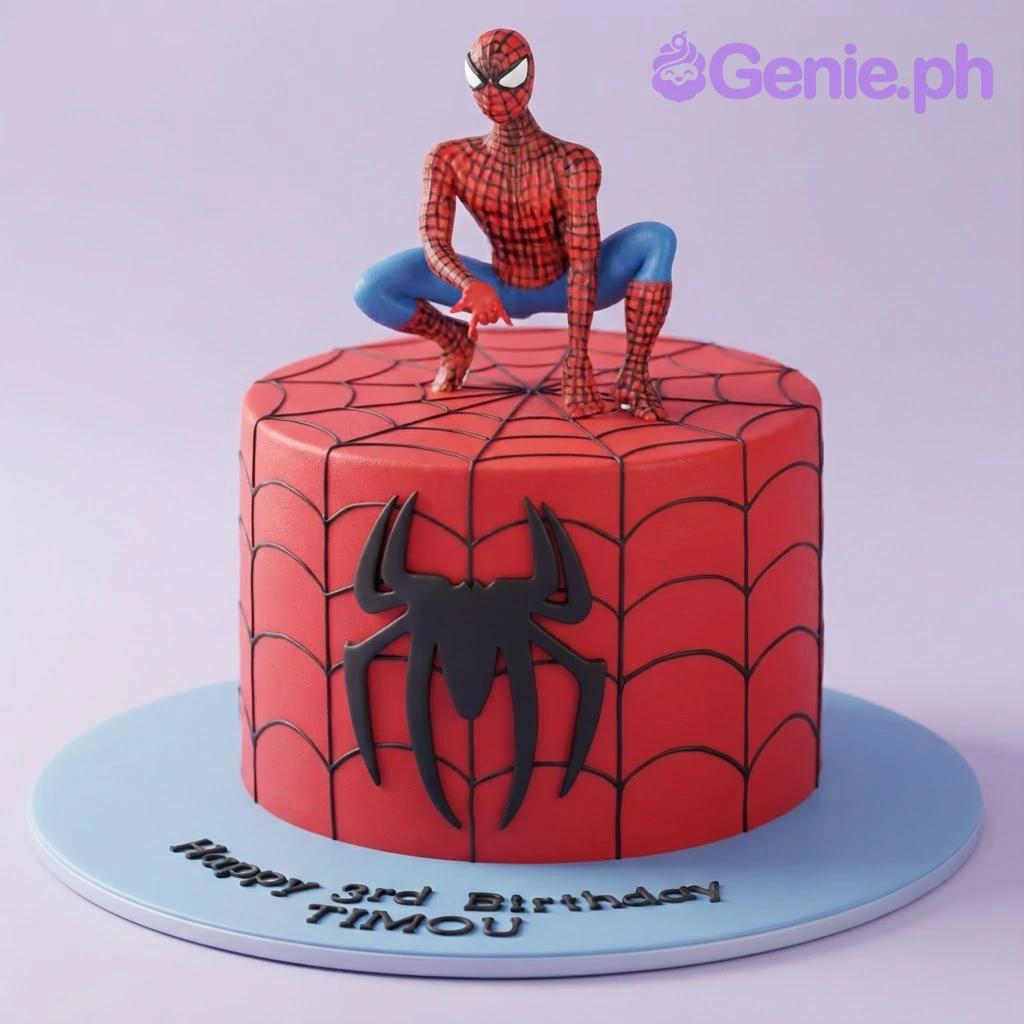 Spider-Man-Inspired Birthday Cake Red 1-tier cake with smooth soft icing, black spiderweb patterns, a Spiderman figurine, and a blue baseboard