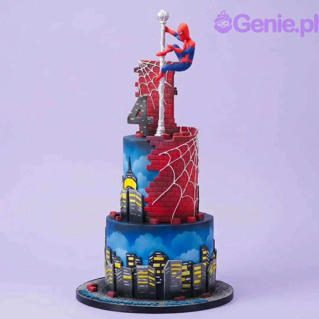 Spiderman-Inspired 2-Tier Birthday Cake Blue and red 2-tier fondant cake with a Spiderman figure, brick wall panels, and a cityscape design.
