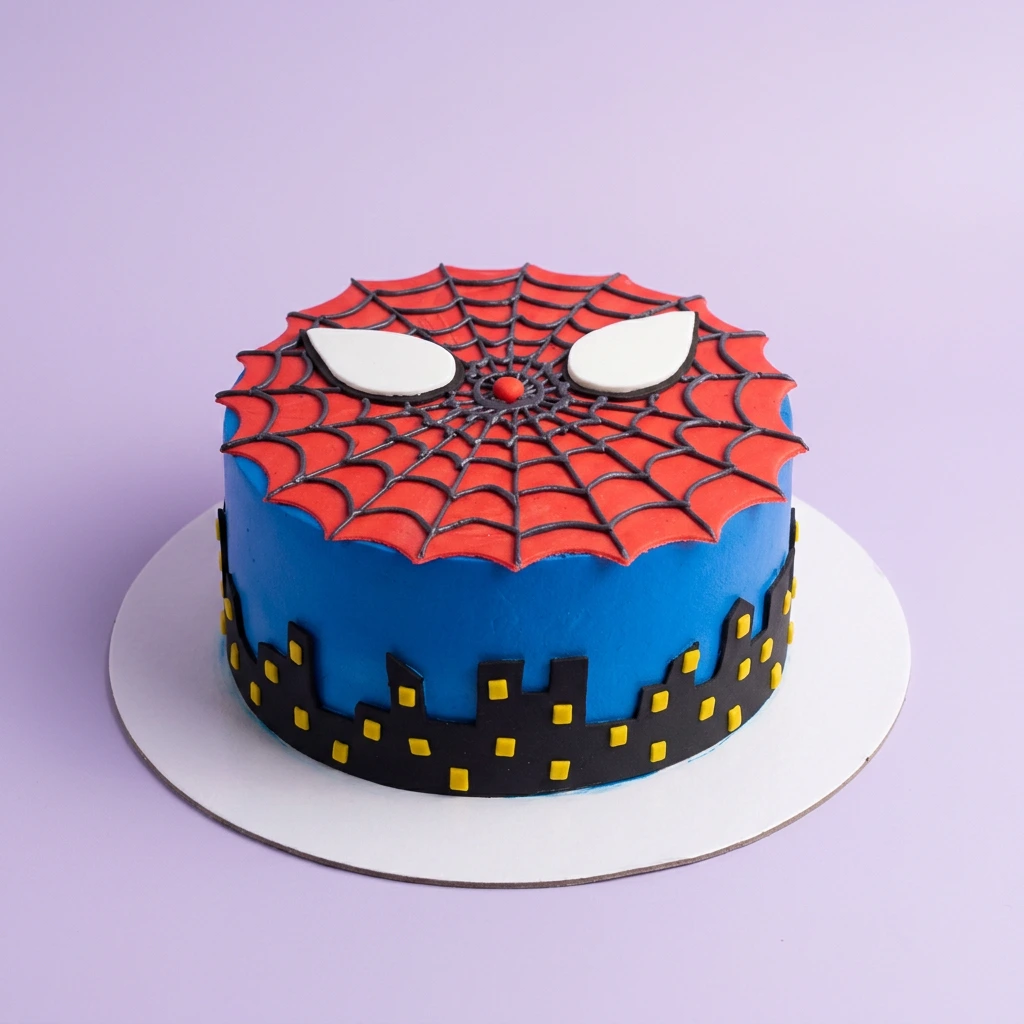 Spiderman-Inspired Silhouette Birthday Cake A blue, red, and black 1 Tier cake themed around Spiderman, featuring a red spiderweb panel with white eyes and a black city skyline.