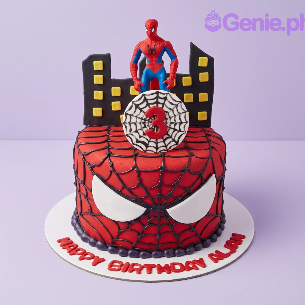 A red and black 1 Tier Fondant Spiderman cake with a Spiderman figurine, city skyline, web design, and white eyes.