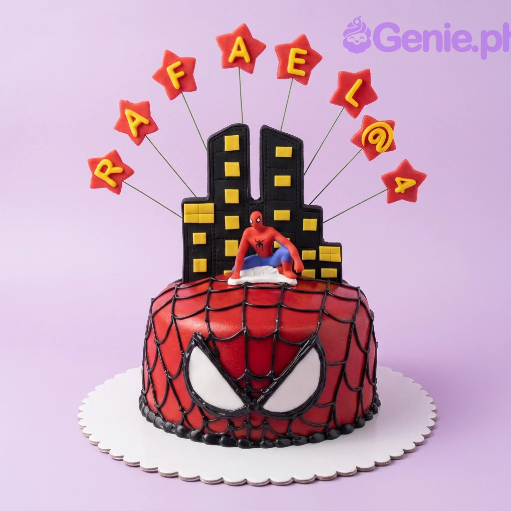 A red 1-tier fondant Spiderman cake with a 3D Spiderman figure, city buildings, black webbing, and white eyes.