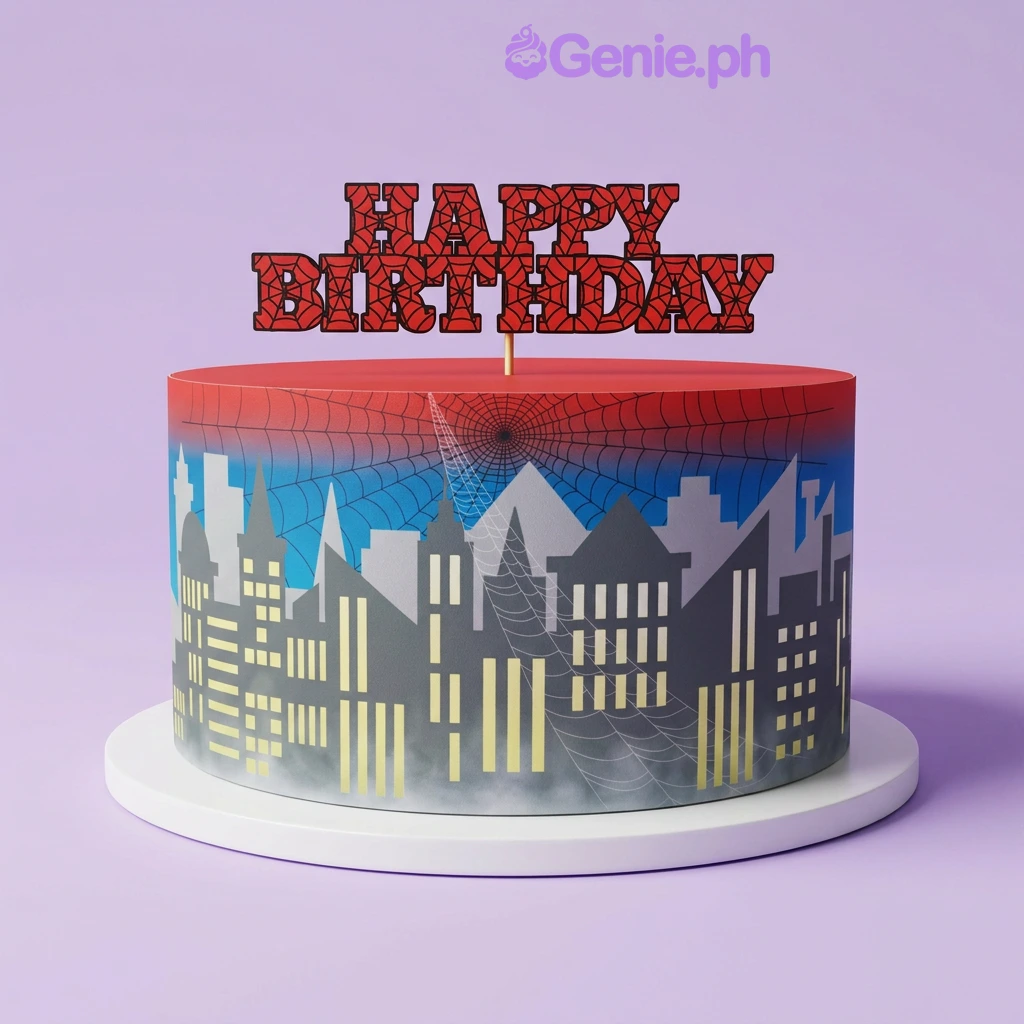 Spiderman-Inspired White Birthday Cake A red and white 1 Tier cake themed around Spiderman, featuring a red webbed Happy Birthday topper and a city skyline wrap.
