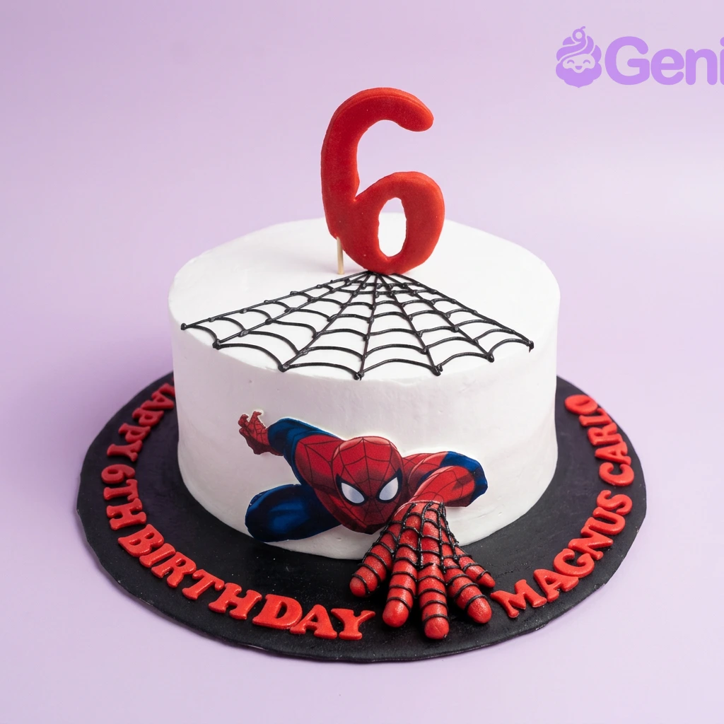 A white, black, and red 1-tier Spiderman cake, with a red number 6 topper, Spiderman printout, and black piped web design.
