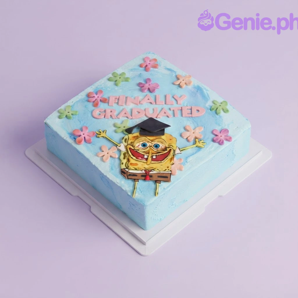 Spongebob-Inspired Graduation Sky Blue Cake Light blue square cake with a Spongebob printout topper, pink fondant lettering, and scattered small fondant flowers