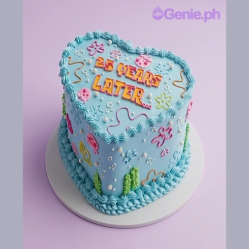 SpongeBob-Inspired Sky Blue Cake One tier SpongeBob cake with sky blue soft icing, orange edible print message, and jellyfish and flower printout graphics