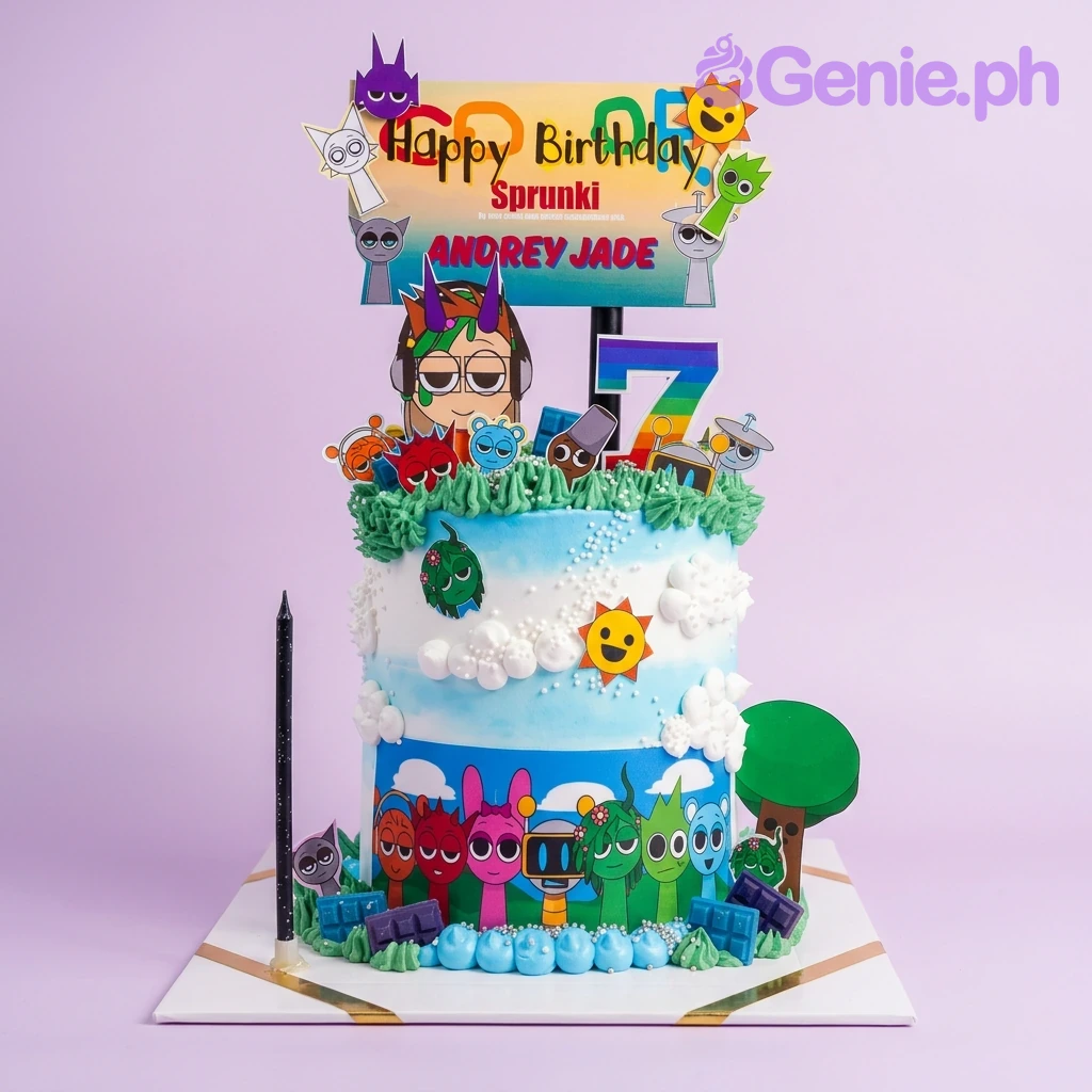 Sprunki Sky Blue Birthday Cake A blue and white 1-Tier Sprunki cake, with a 'Happy Birthday' banner, characters, a number 7, and green grass.