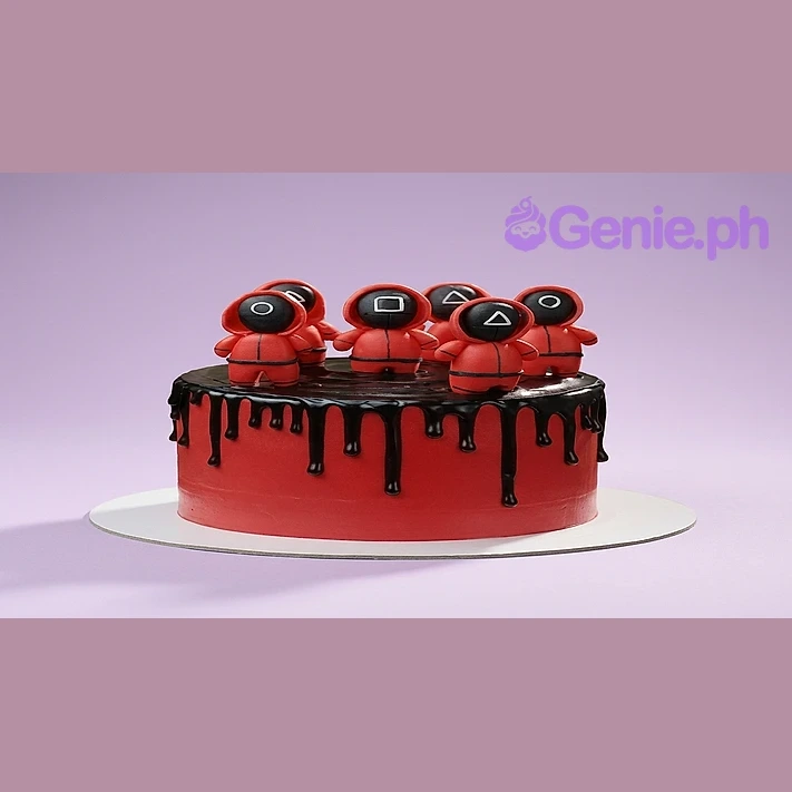 Squid Game Red Drip Birthday Cake Red 1-tier cake with black drip and Squid Game guard fondant figures