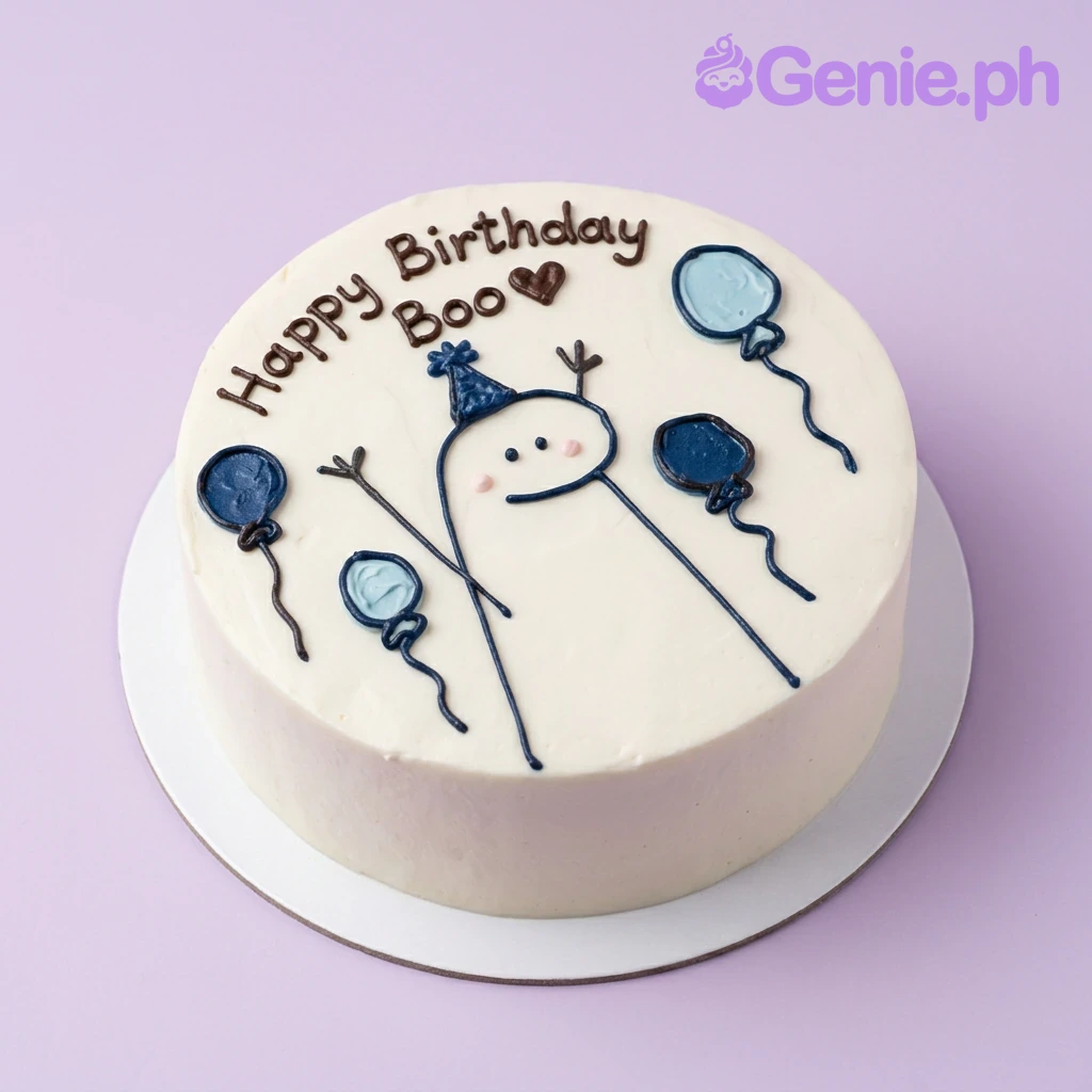 Stick Figure Birthday White Bento Cake White bento cake with a stick figure wearing a blue party hat, blue balloons, and 'Happy Birthday Boo' message.