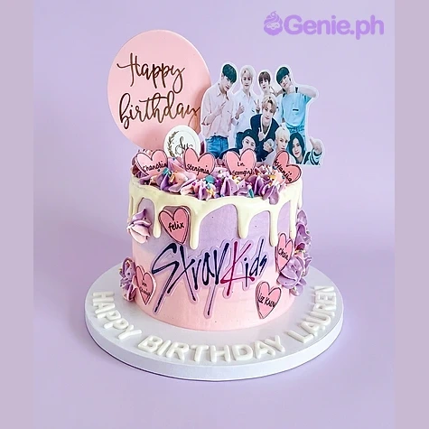 Stray Kids Pink Birthday Cake Purple and pink gradient cake with Stray Kids group photo and Happy Birthday toppers