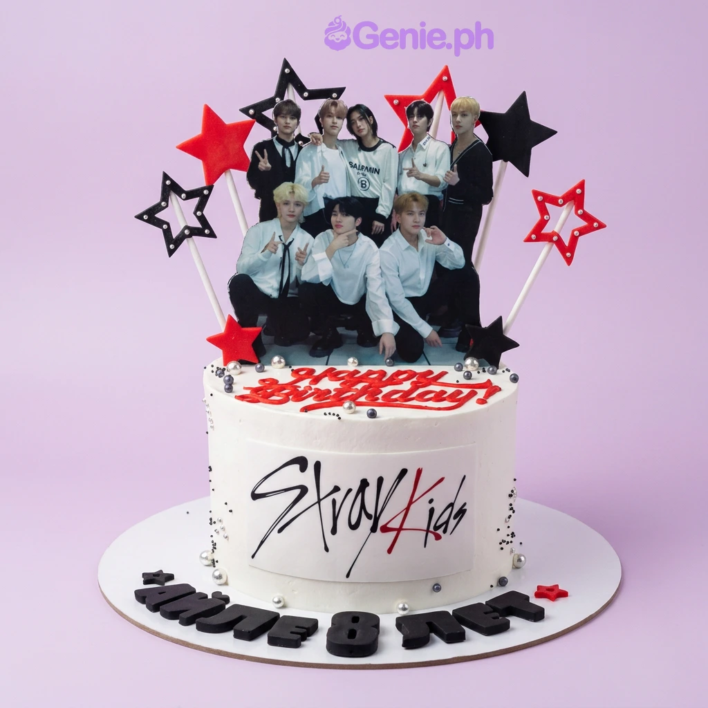 Stray Kids White Birthday Cake White 1-tier birthday cake with Stray Kids group photo topper and red and black star decorations