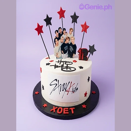 Stray Kids White Birthday Cake White 1-tier fondant cake with Stray Kids photo toppers and red and black star accents