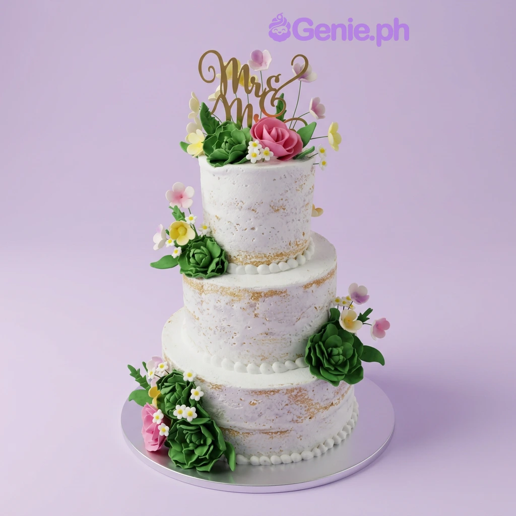 A semi-naked three-tier wedding cake featuring green and pink succulents and a gold Mr & Mrs topper.