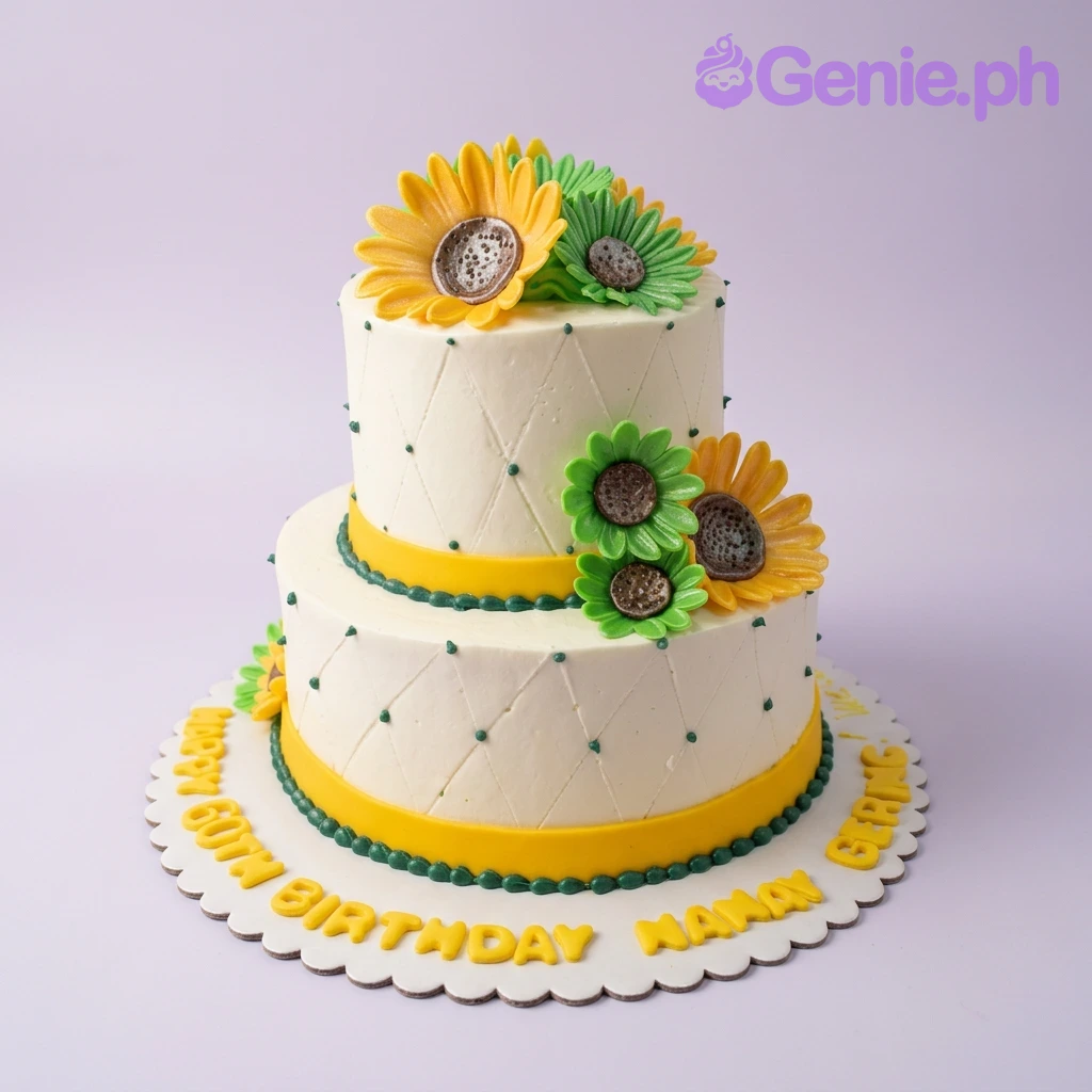 Sunflower White Floral 2-Tier Cake A white two-tier cake themed with yellow and green sunflowers, featuring a quilted icing pattern and yellow gumpaste letters.
