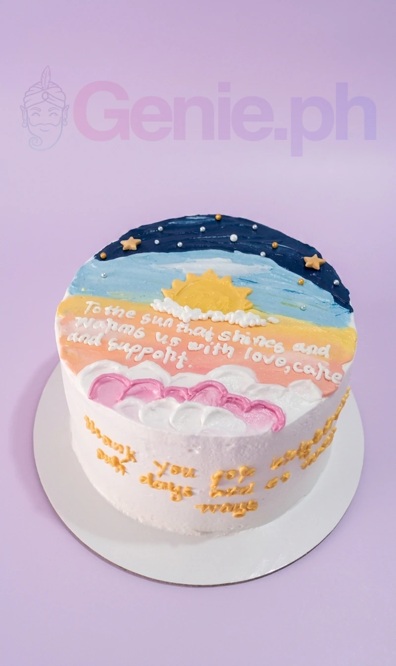 Sunset Painted Cake A multi-colored 1-tier round cake themed around a hand-painted sunset, featuring a yellow sun and clouds.
