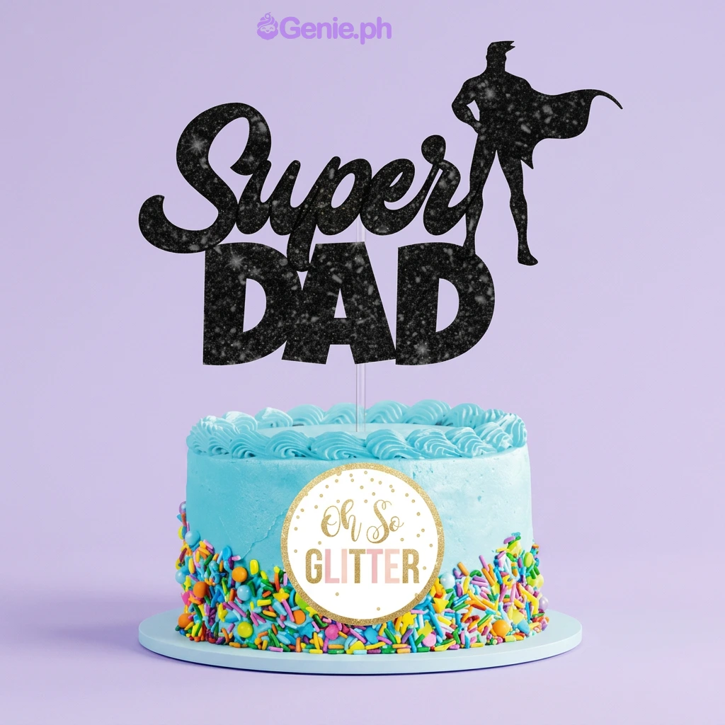 Light blue 1-tier cake with black glitter Super Dad topper and colorful sprinkles