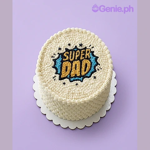 Super Dad White Birthday Cake White 1-tier cake with Super Dad comic graphic on top and piped icing border