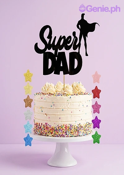 Super Dad White Silhouette Birthday Cake White single tier cake with rainbow sprinkles and a black Super Dad printout topper