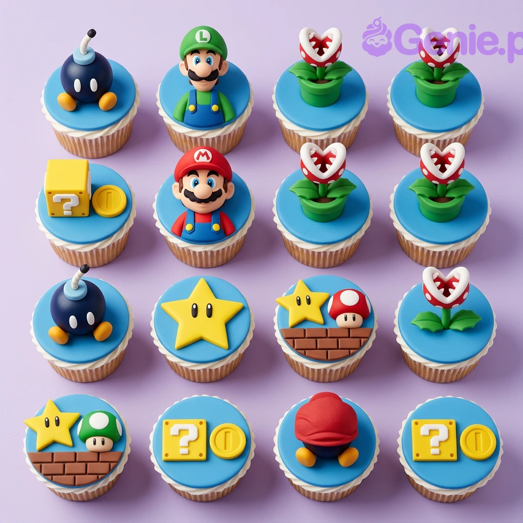A blue and multi-colored Super Mario themed cupcake set, featuring Mario, Luigi, Piranha Plants, Bob-ombs, and Question Block fondant toppers.